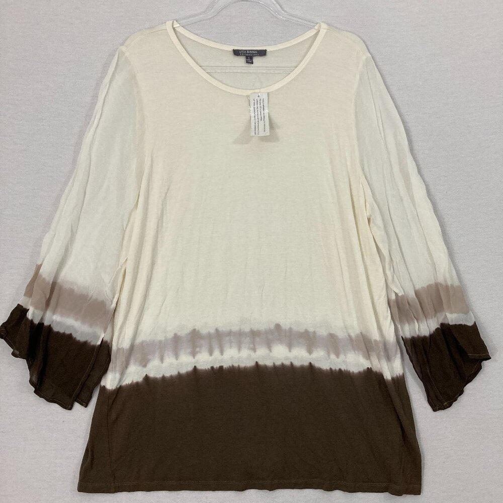 New Lisa Rinna Brown Color Block Stretch Knit Comfy 3/4 Sleeve Tunic Large Artsy